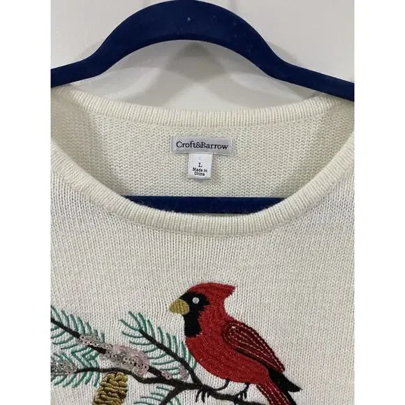 Croft & Barrow women Red Cardinal Sweater Ivory Embellished Soft Acrylic Large - Picture 4 of 11